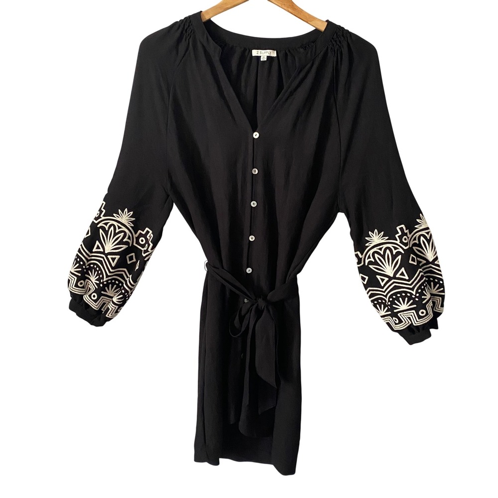 Z Supply Sz XS Peasant Black Embroidered Balloon Sleeve Button Front Mini Dress